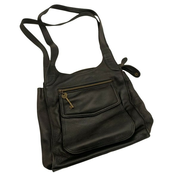 Fossil Handbags - VTG Fossil 1954 Genuine Leather Shoulder Bag Hobo Double Strap 75082 Black Large